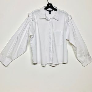 Ashley Stewart Balloon Pearl Sleeve Deconstructed White Blouse